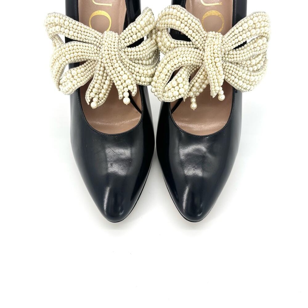 Gucci Elaisa Pearl Removable Bow Pointed Toe High Heel Pumps 38.5 - Picture 7 of 12